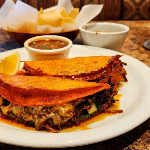 Two birria tacos with melted cheese and a lemon wedge on a white plate with salsa and chips.
