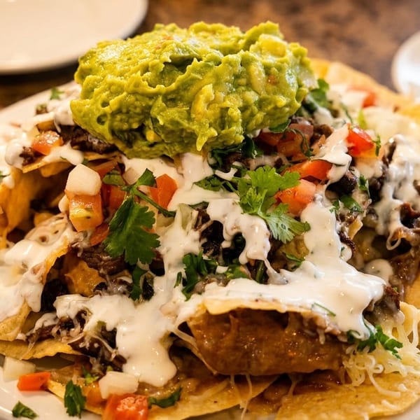 A large plate of nachos topped with guacamole, sour cream, meat, tomatoes, and cilantro.