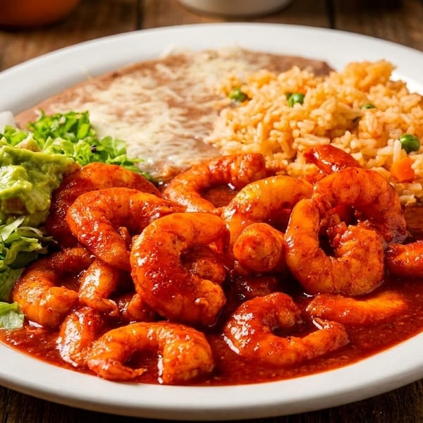 Spicy shrimp in red sauce with rice, refried beans, and guacamole on a white plate.