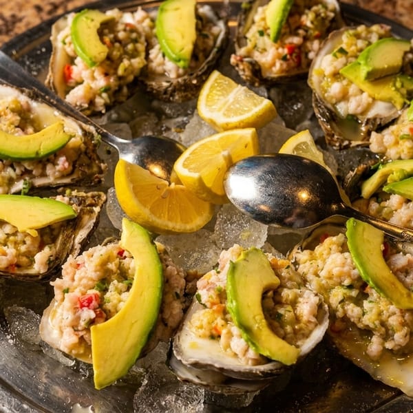 A platter of oysters topped with ceviche and avocado slices, served on ice with lemon wedges.